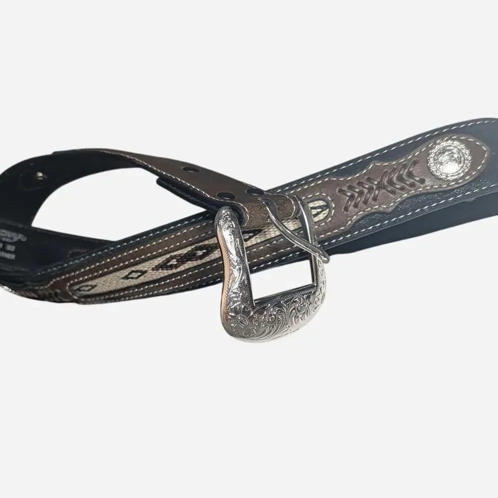 Nocona Mens Leather Western Belt Size 32 (S) Brown Black Southwest Silver Buckle